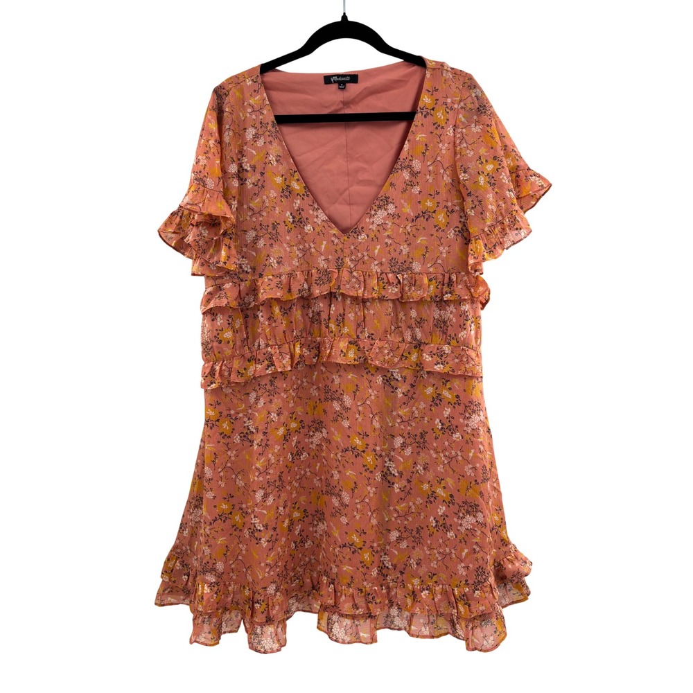 Madewell Ruffle Tiered Floral Mini Dress Pink Yellow Size M